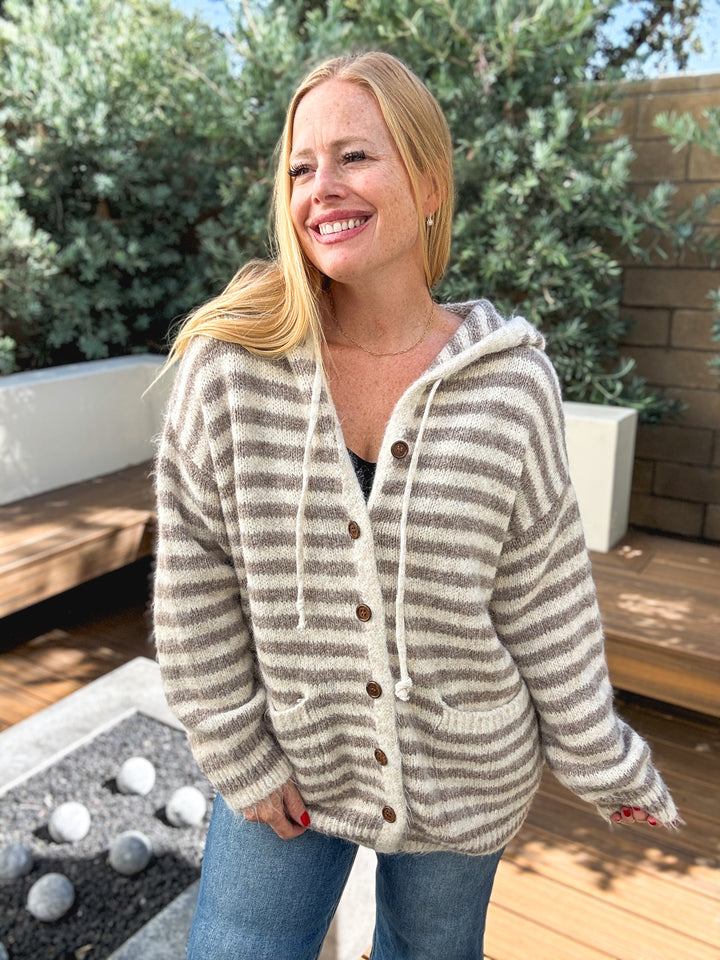 Striped Hooded Knit Cardigan