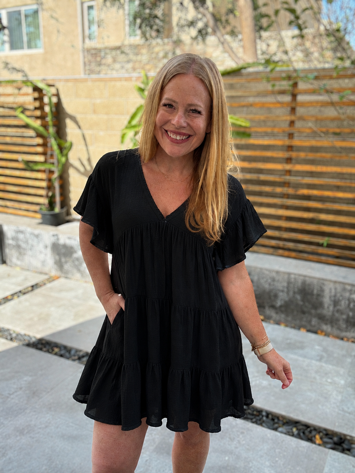 POL Ruffle Shirred V-Neck Short Sleeve Cotton Dress