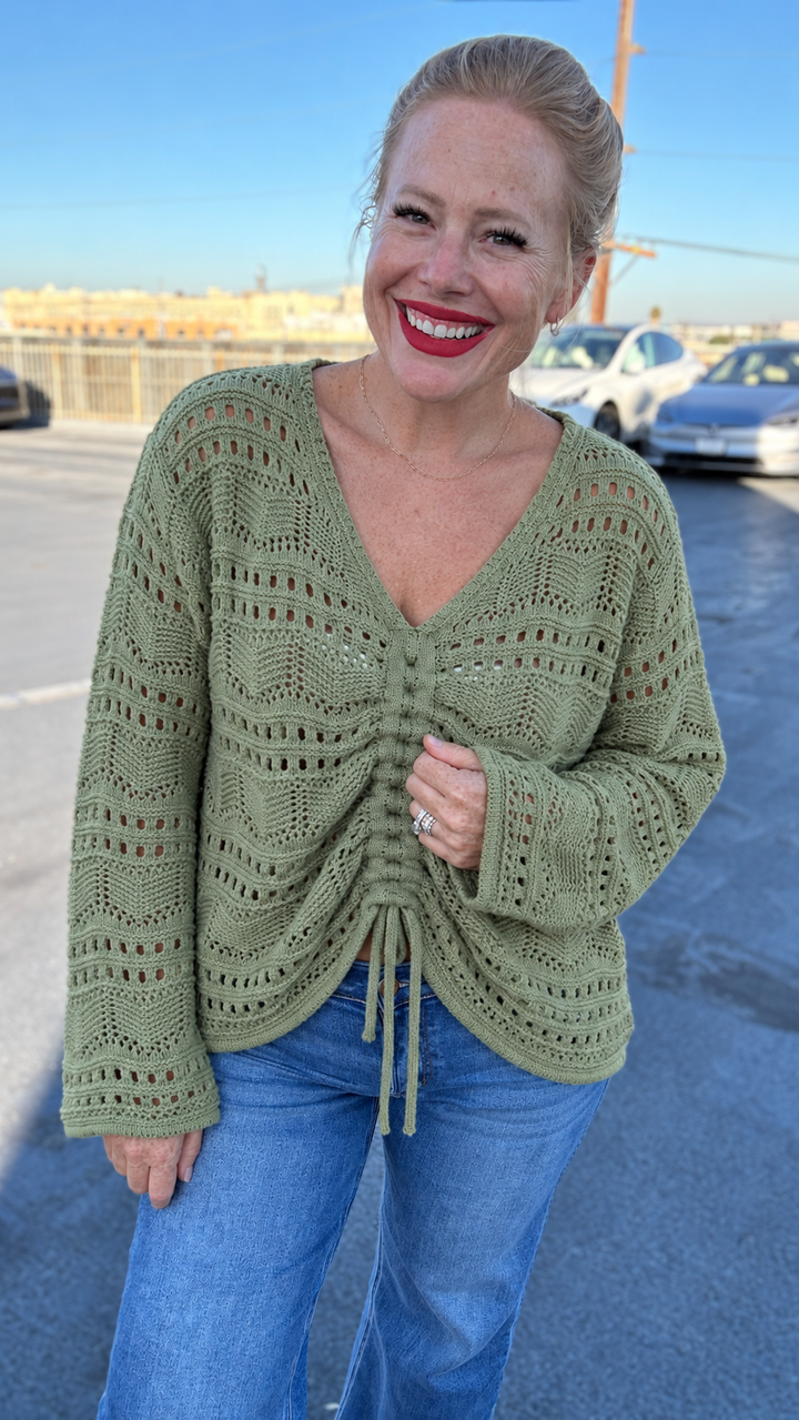 BiBi Pointelle Knit V Neck Ruched Front Lightweight Top