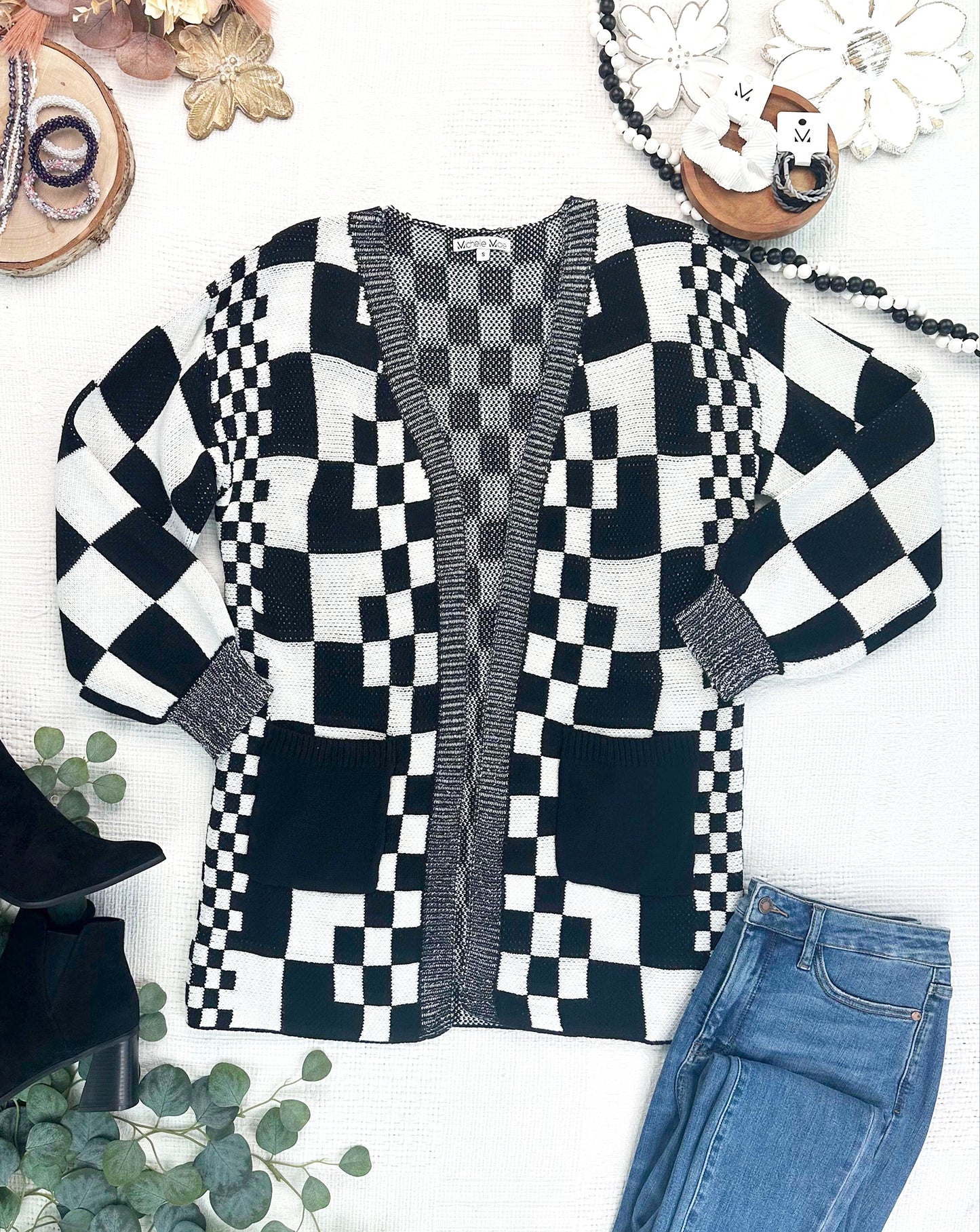 Long Checkered Pocket Cardigan - Black and White