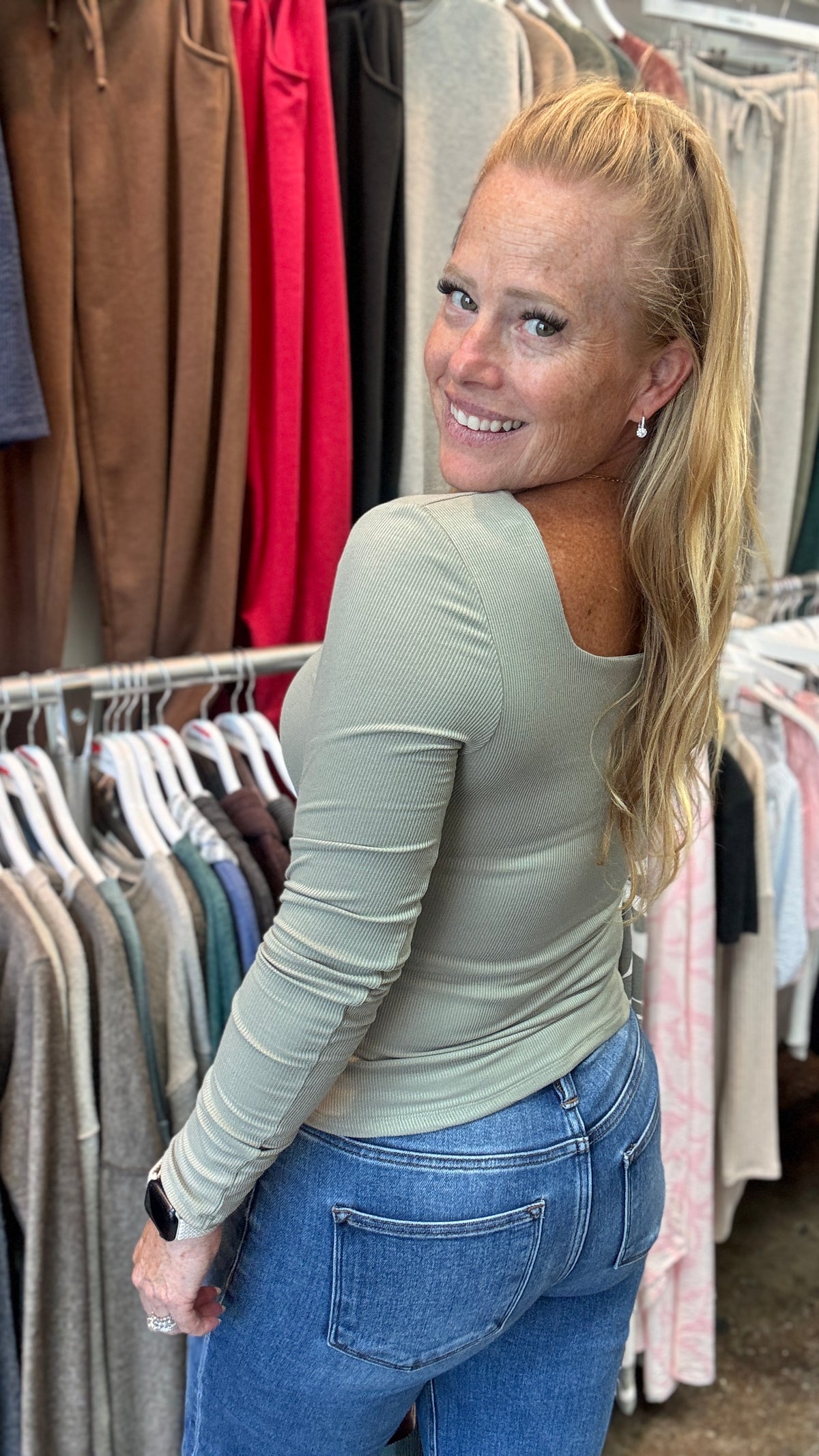 Baby Rib Square Neck Long Sleeve Top