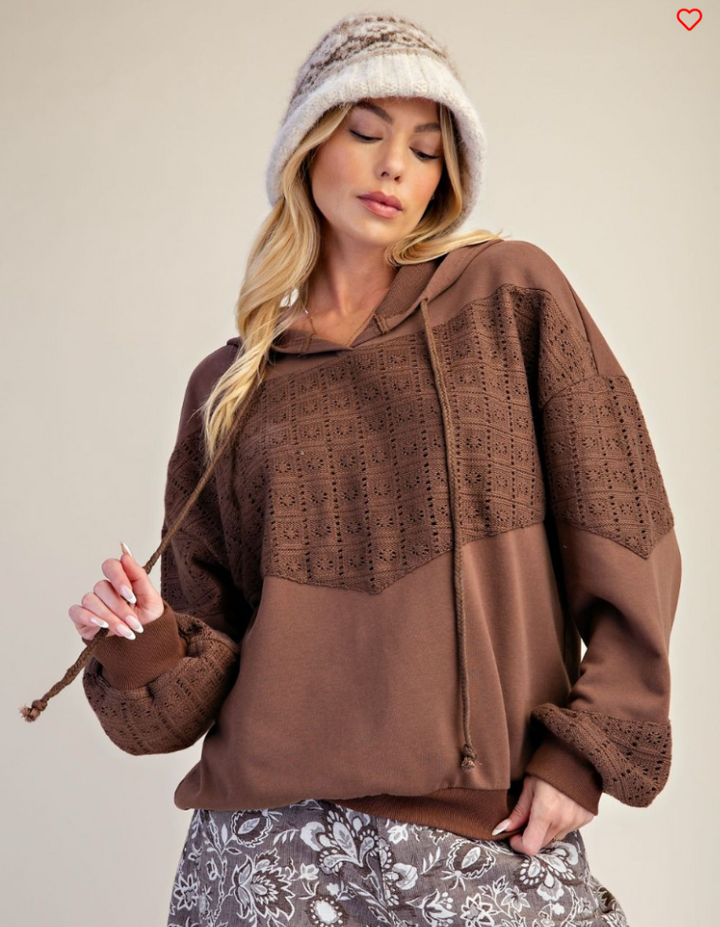 Cocoa brown Easel oversized crochet contrast terry hoodie