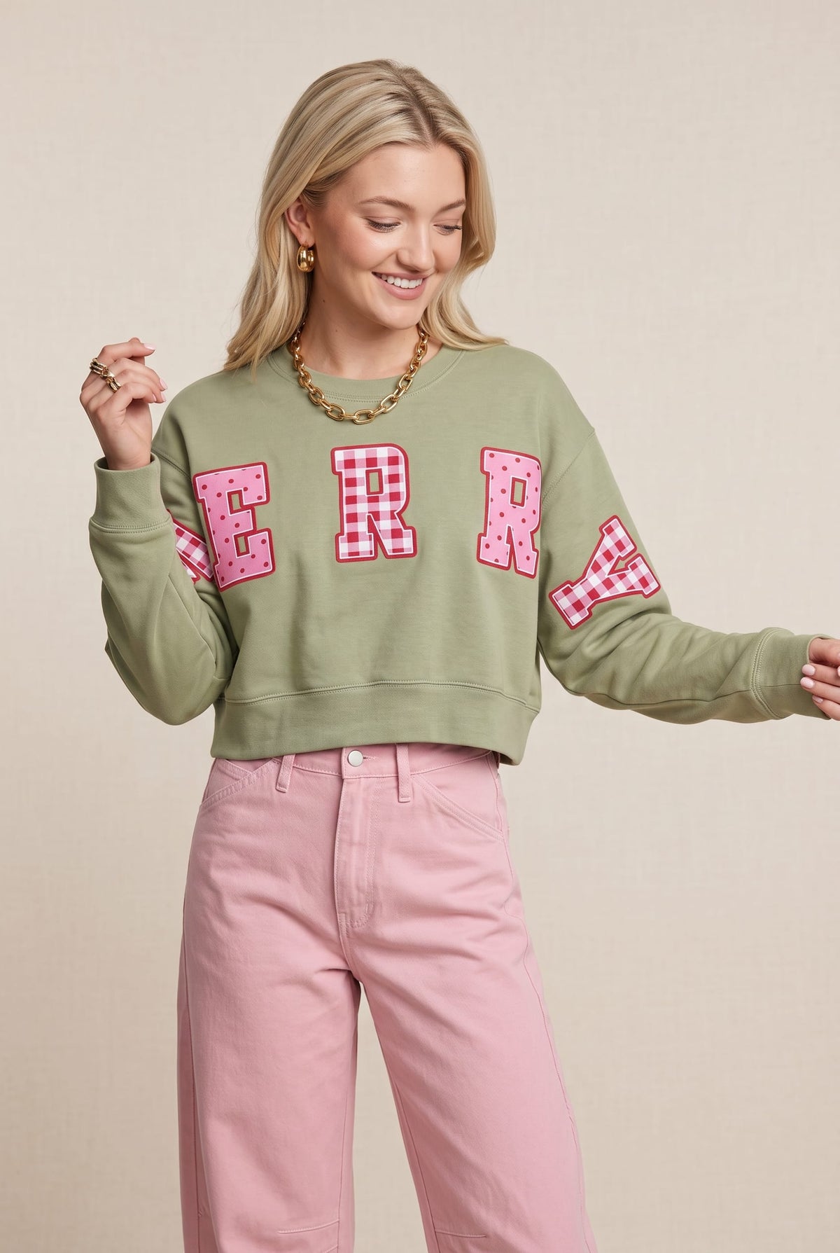 Merry Christmas Patch Pistachio Crop Sweatshirt