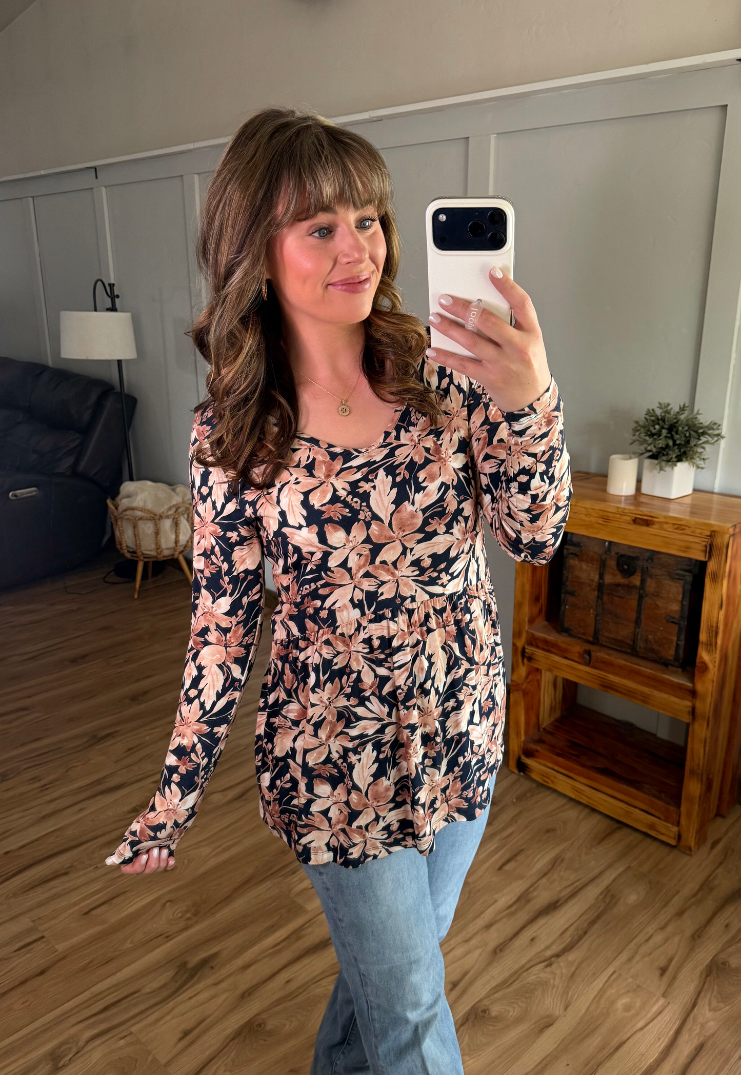 Long Sleeve Sarah Ruffle Top - Navy Autumn Petals