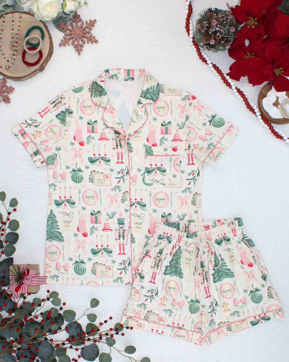 Brooke Top and Shorts Pajama Set - Pink Pine Noel