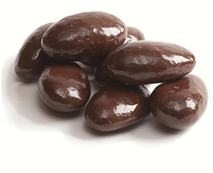 Close-up of chocolate-covered roasted almonds