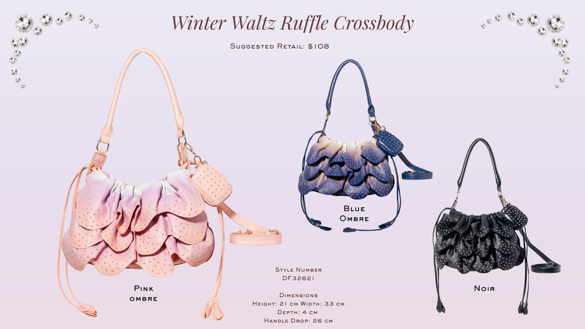 Winter Waltz Ruffle Crossbody in Pink Ombre, Blue Ombre and Noir