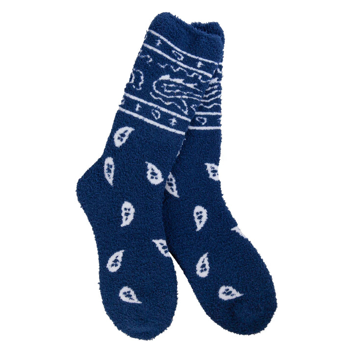 Blue and white bandana-pattern plush crew socks