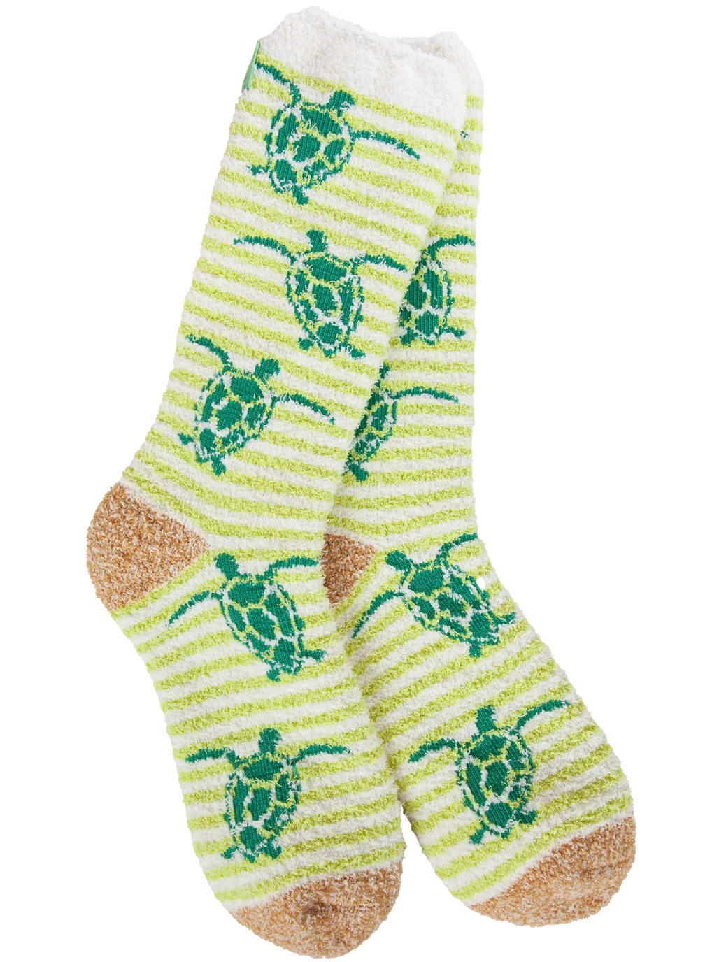 Turtle Stripe Cozy Crew socks with green sea turtles, lime stripes and tan toes and heels