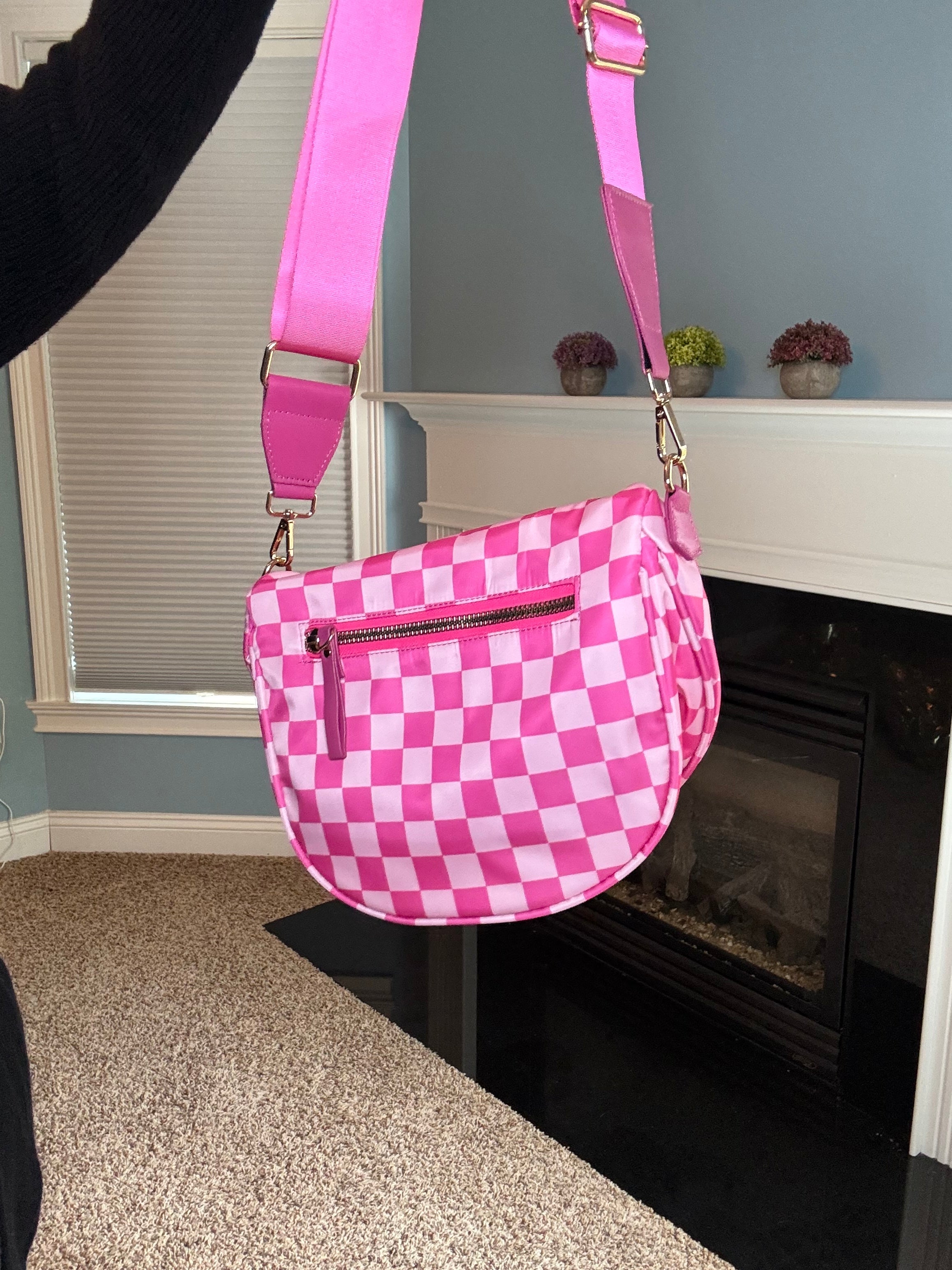 The Roni Nylon Crossbody - Checkered Hot Pink