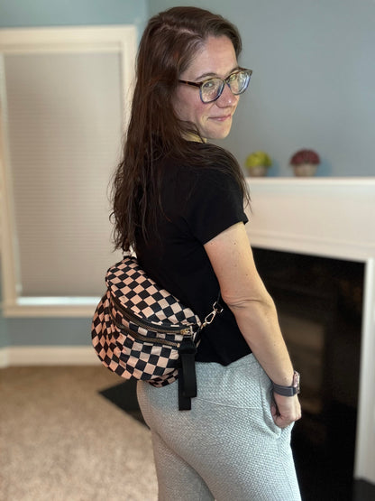 The Roni Nylon Crossbody - Checkered Black + Tan