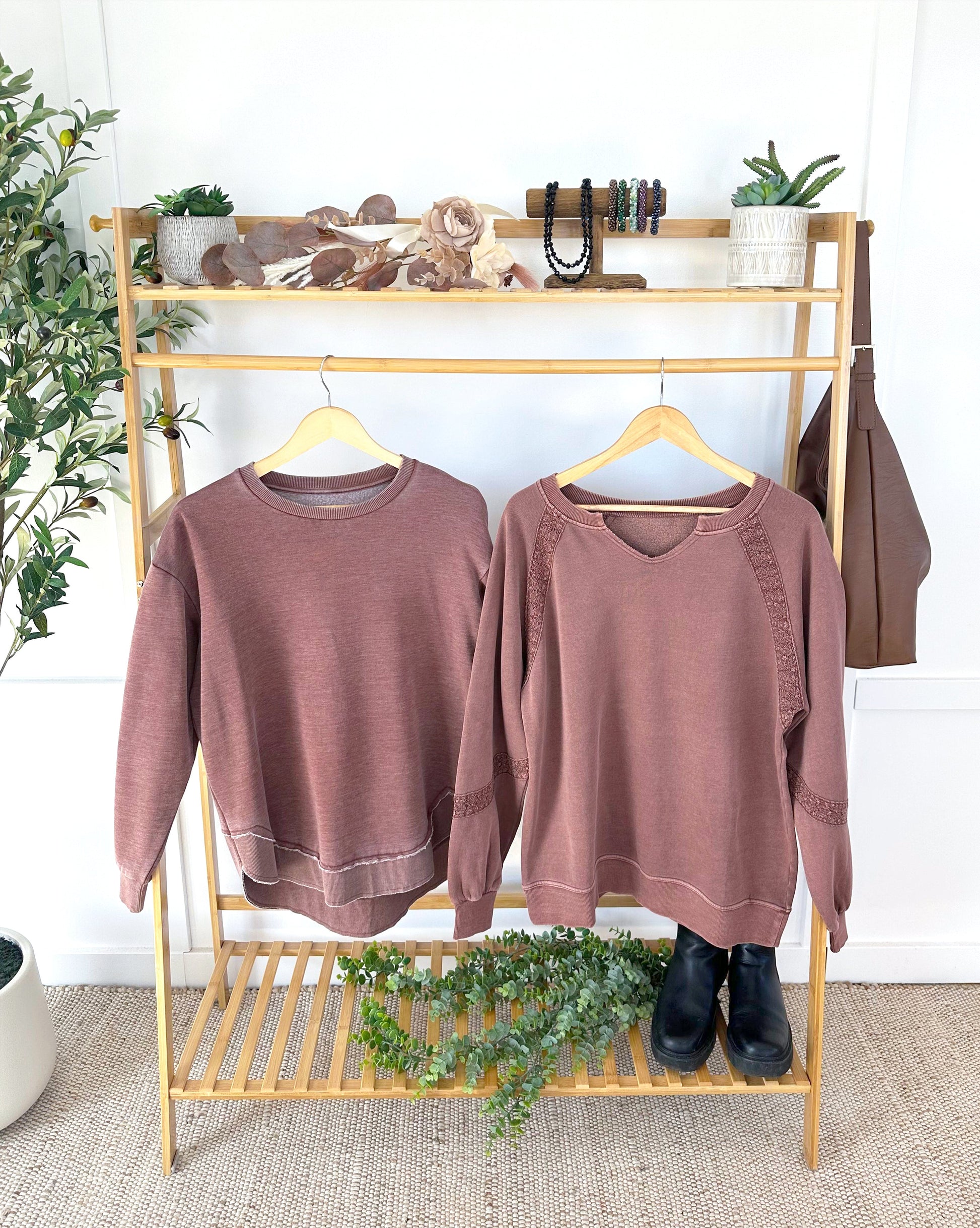 Lace Accent Vintage Wash Pullover - Brown