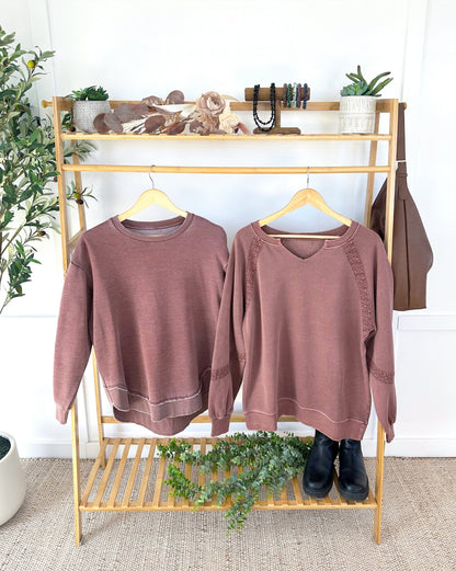 Lace Accent Vintage Wash Pullover - Brown