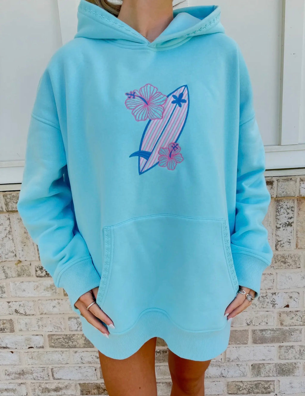 PREORDER -  Lagoon Aqua Surfboard Hibiscus Embroidered Sunkissed Coconut