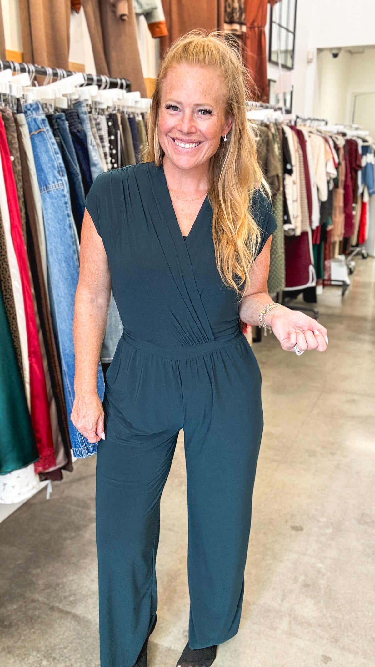 Hunter Green Surplice Straight Leg Jumpsuit