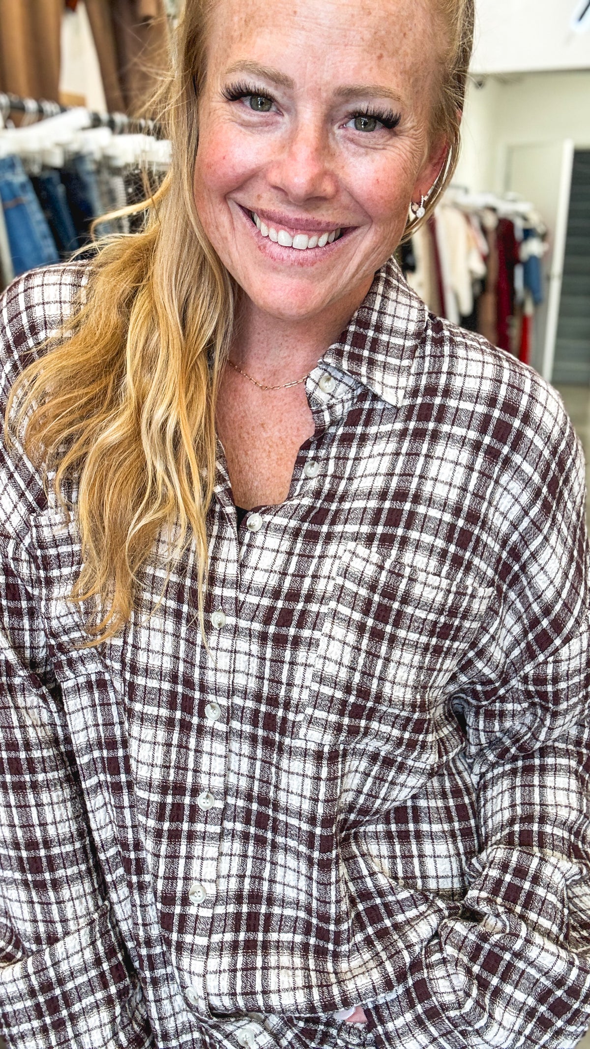 Brown Beige Plaid Oversized Button Shirt