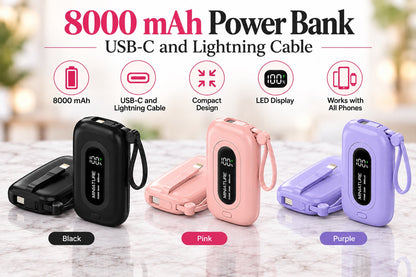 8000 mAh Power Bank w/Cables
