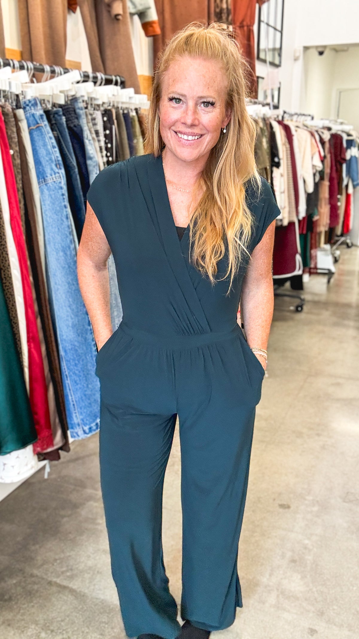 Hunter Green Surplice Straight Leg Jumpsuit