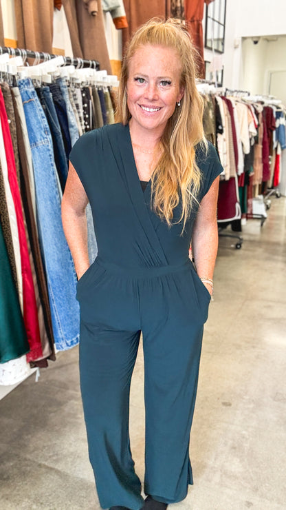 Hunter Green Surplice Straight Leg Jumpsuit