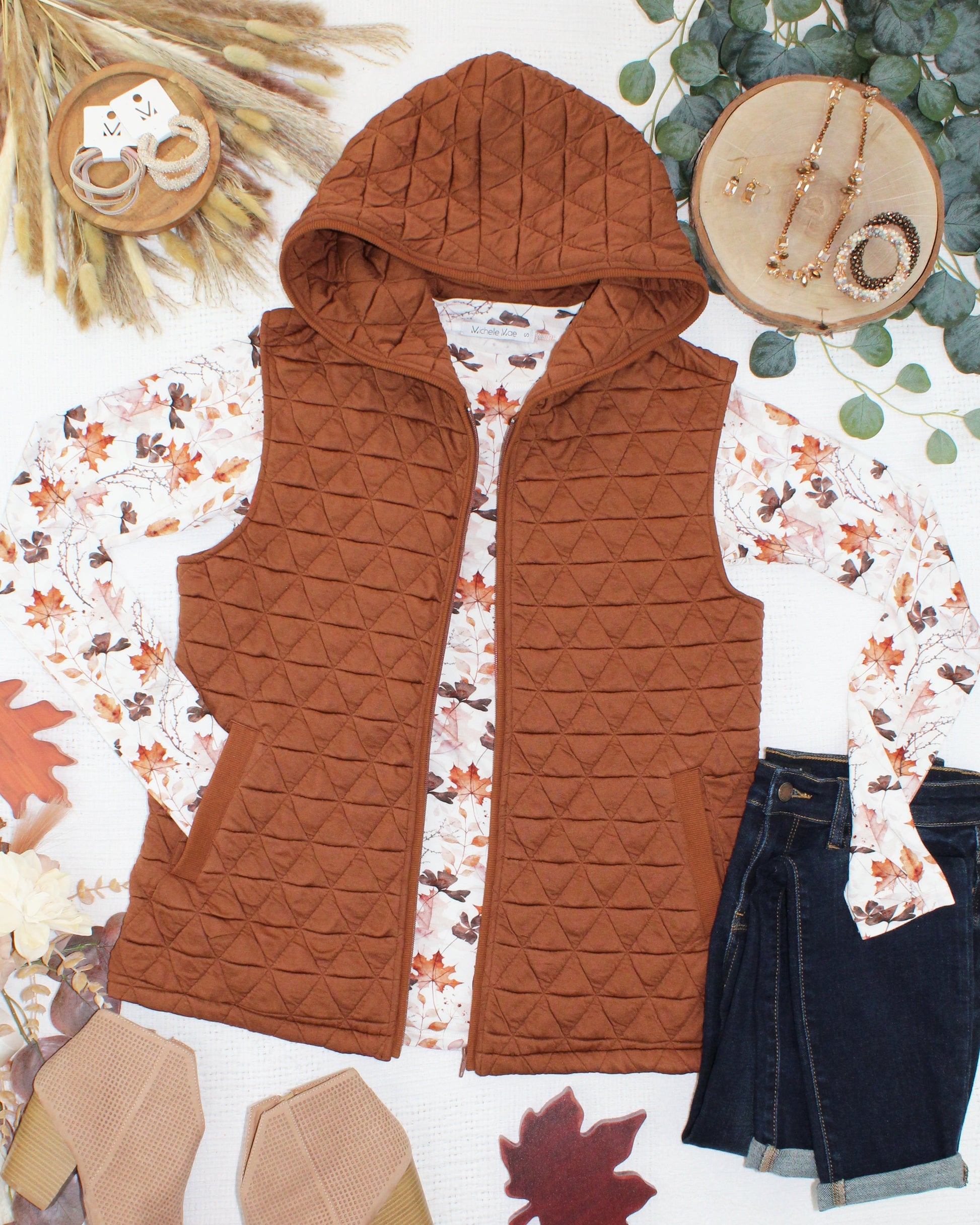 Heather Geometric Hooded Vest - Rust