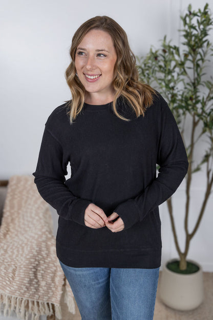 Corrine Ribbed Pullover Top - Black