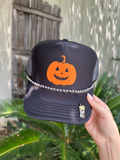 Pumpkin Face Black Trucker Hat