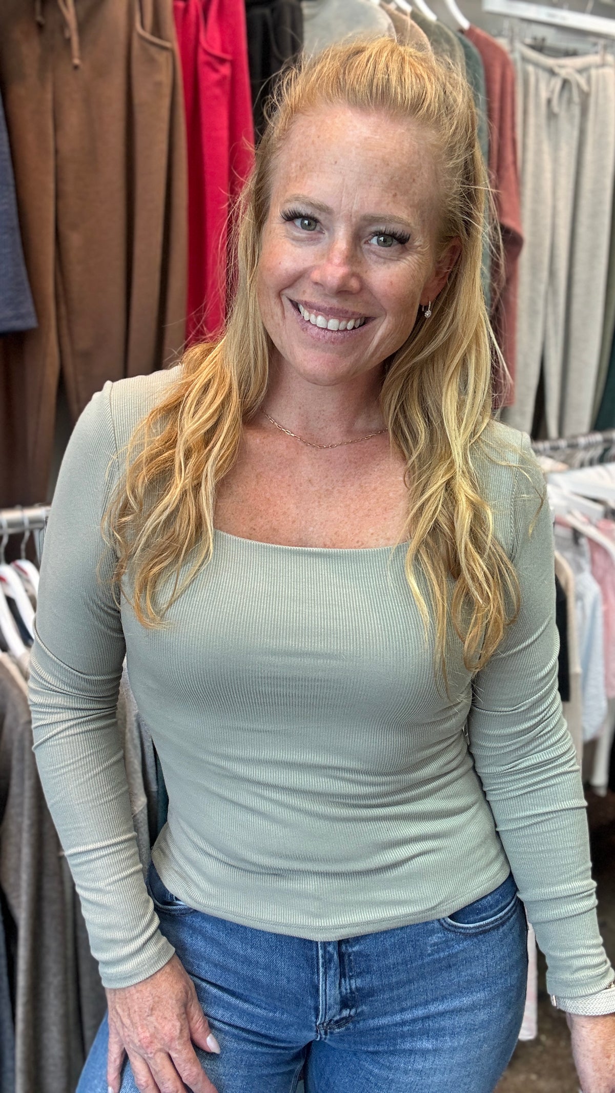 Baby Rib Square Neck Long Sleeve Top