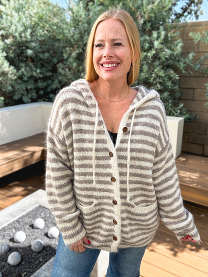 Striped Hooded Knit Cardigan