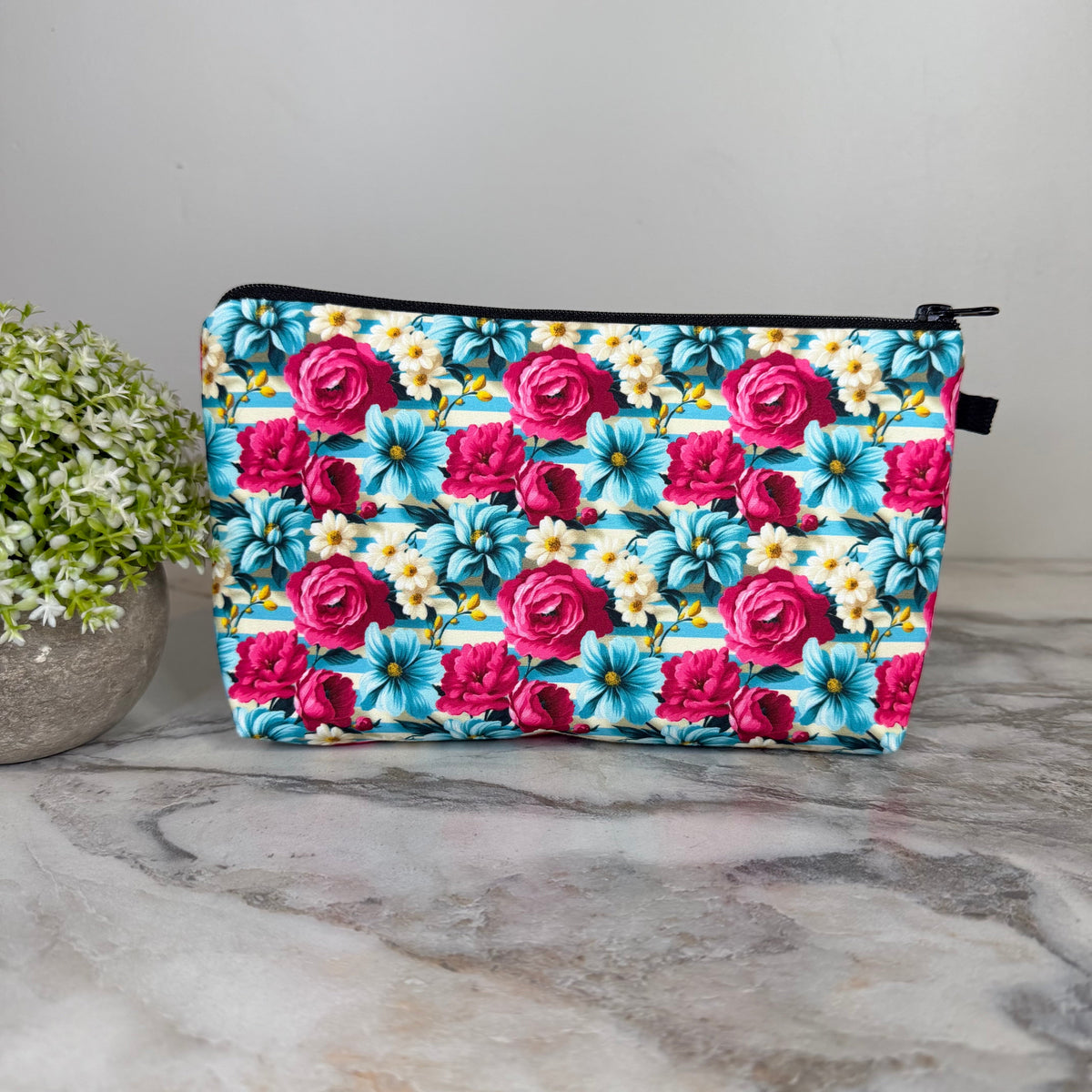 Pouch - Floral Pink Blue Cream