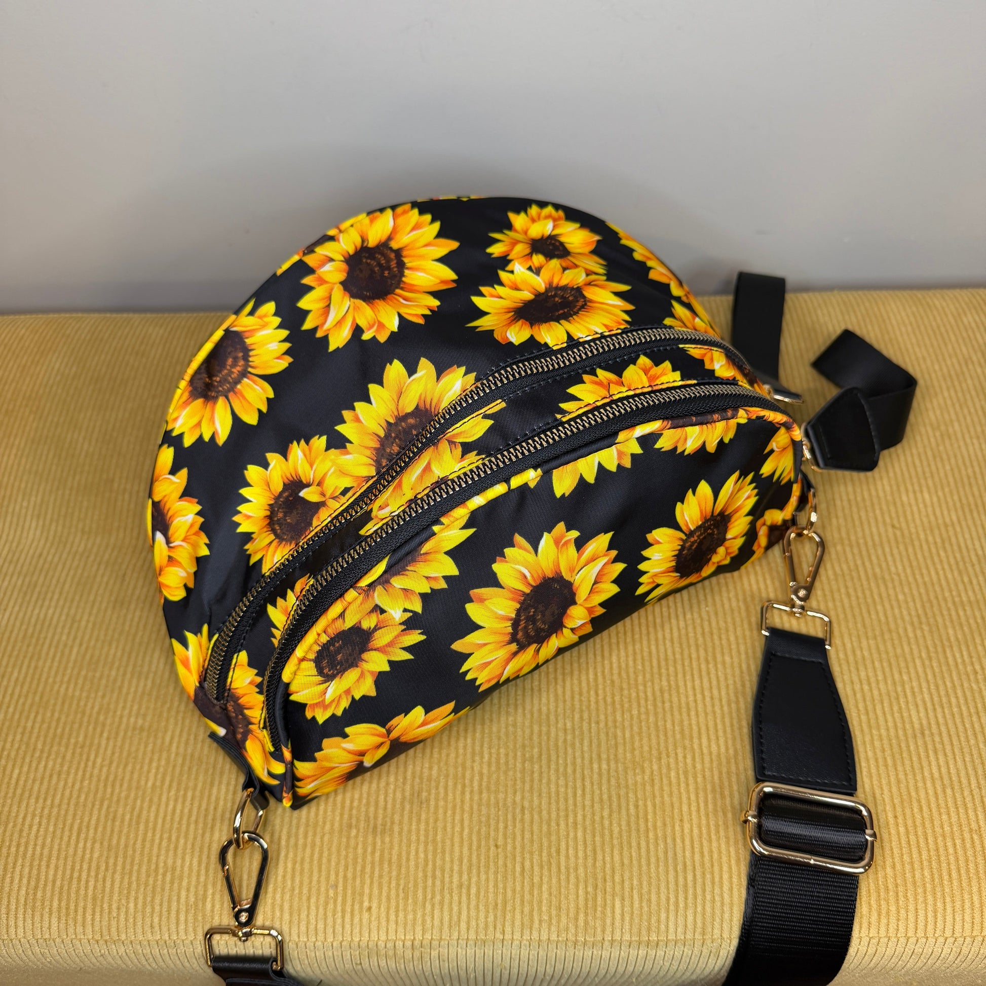 The Roni Nylon Crossbody - Floral Yellow Sunflower on Black
