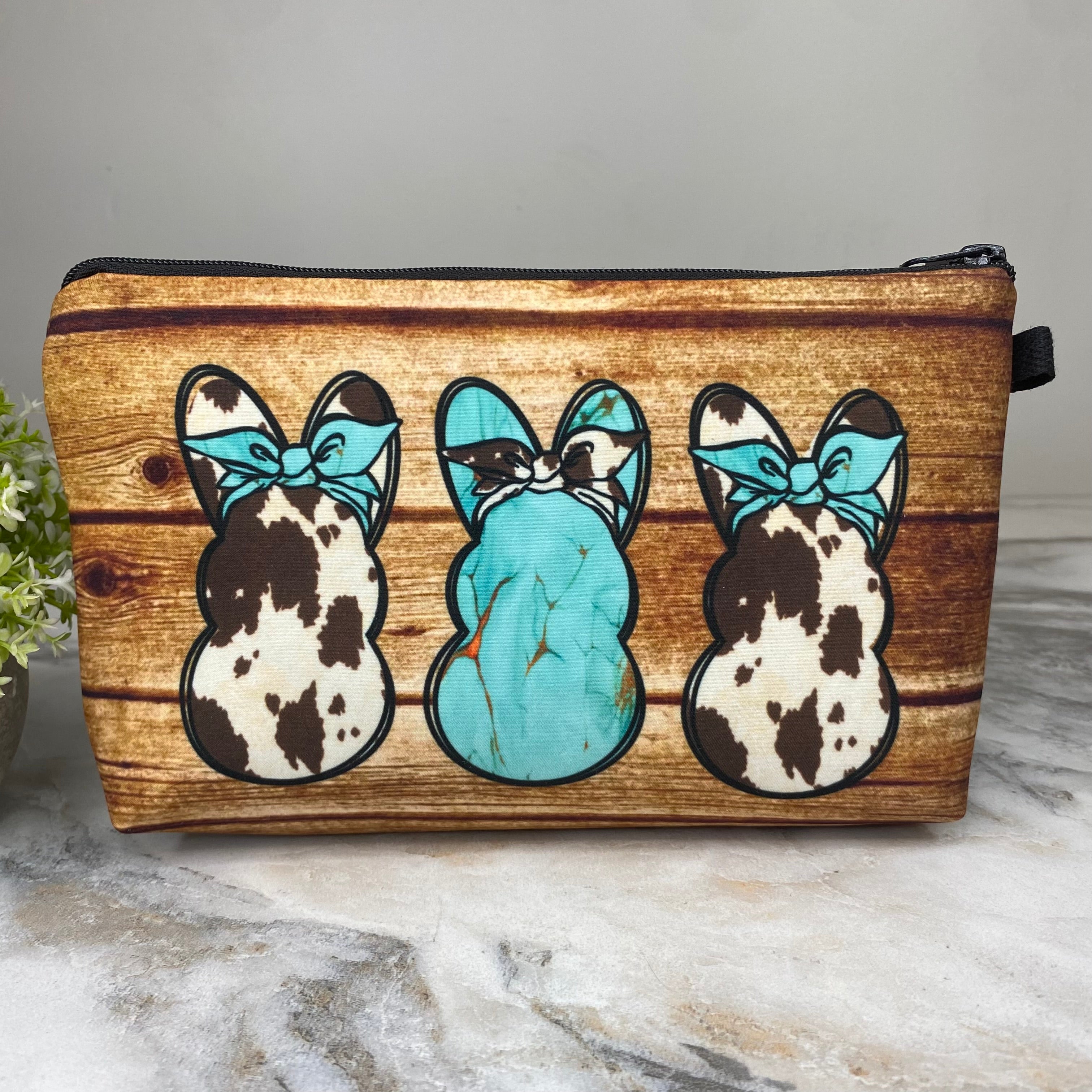 Pouch - Easter - Turquoise Wood Cow Bunnies