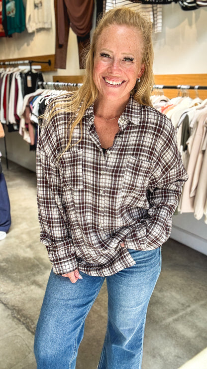 Brown Beige Plaid Oversized Button Shirt