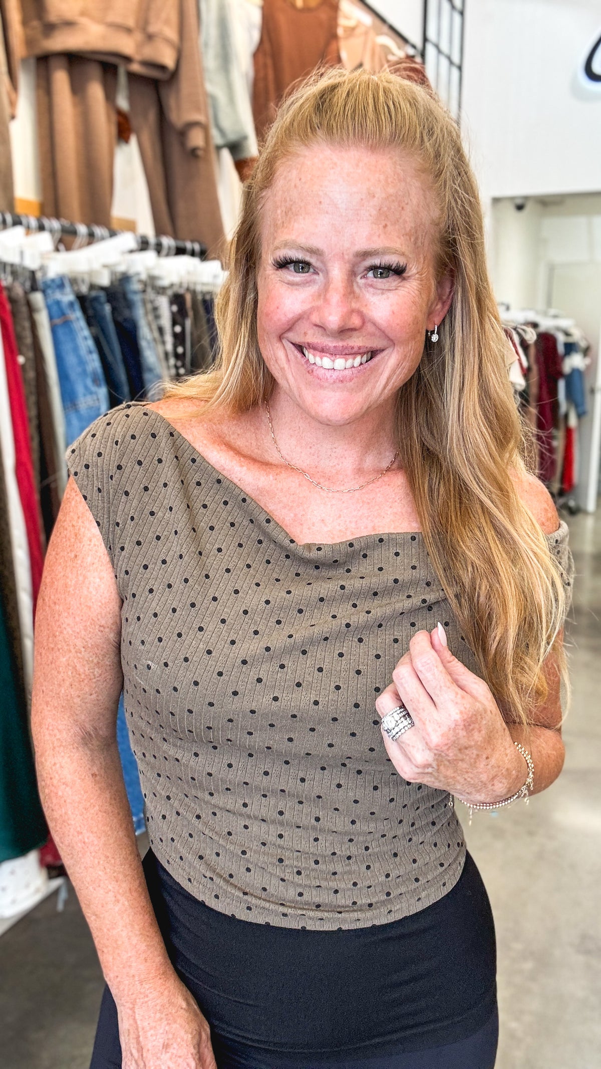 Mocha Black Polka Dot Slouchy Rib Top