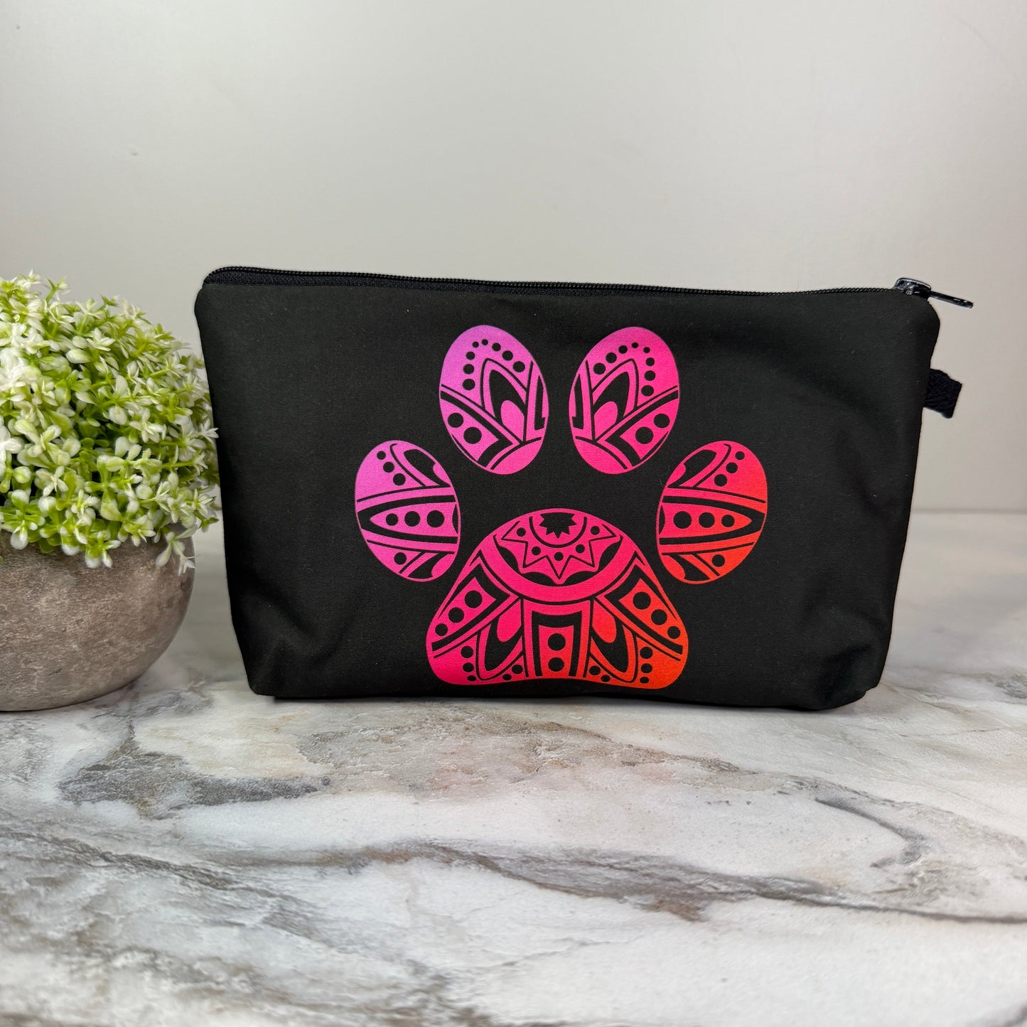 Pouch - Dog, Paw Print Mandala Black Pink
