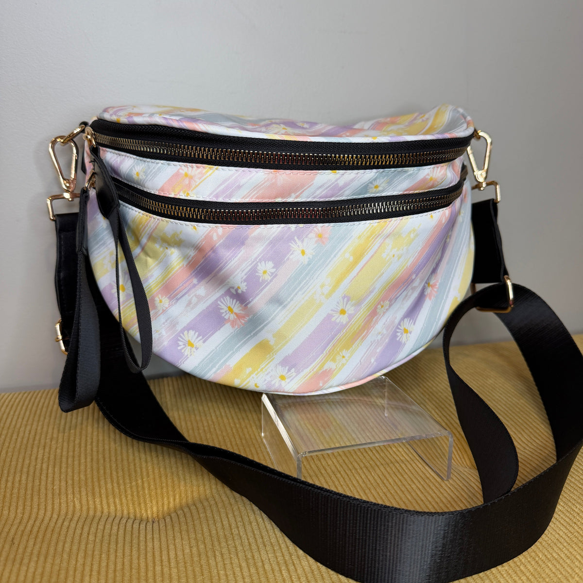 The Roni Nylon Crossbody - Pastel Stripe Daisy Floral