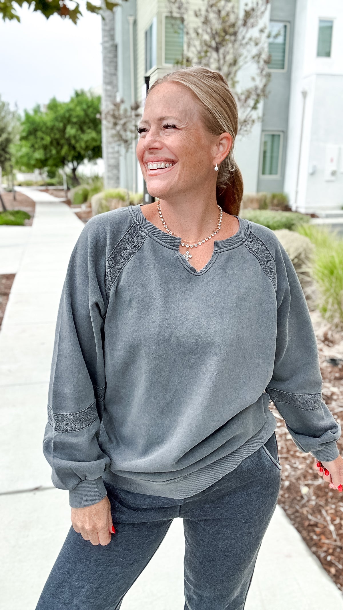Lace Accent Vintage Wash Crewneck + FREE Mineral Jogger