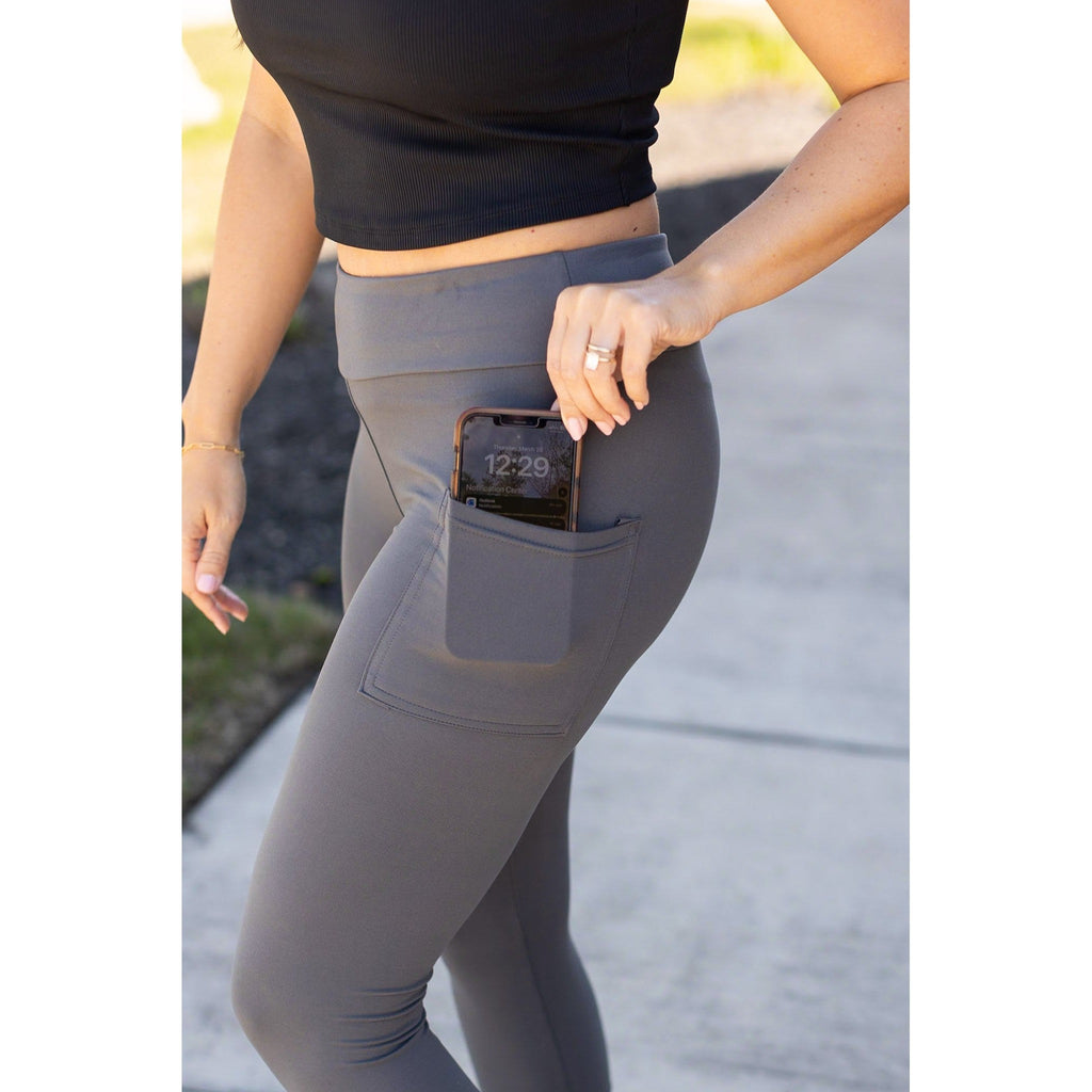 Julia Rose The Dani charcoal capri leggings with pockets, Women wearing charcoal capri pocket leggings
