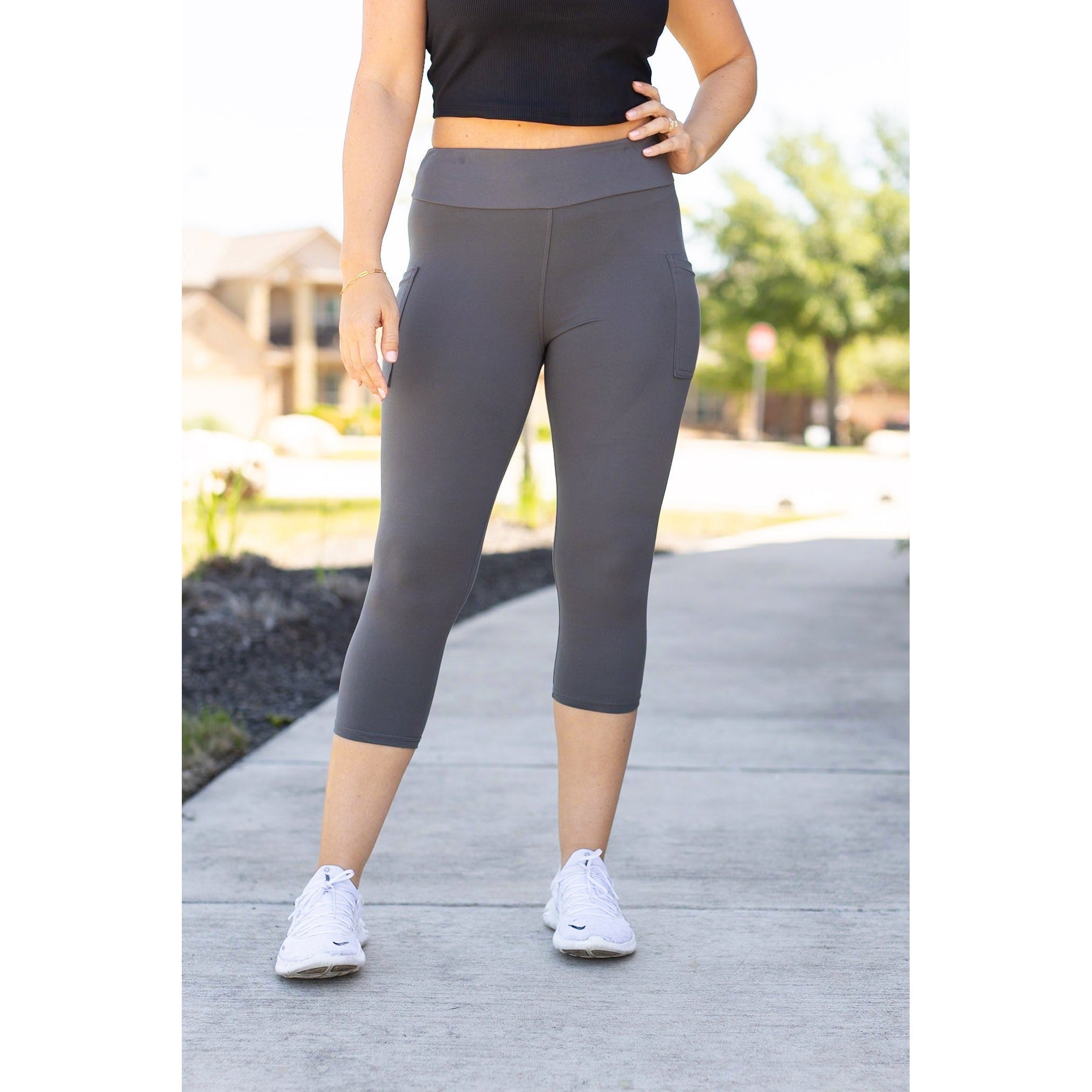 Julia Rose The Dani charcoal capri leggings with pockets, Women wearing charcoal capri pocket leggings