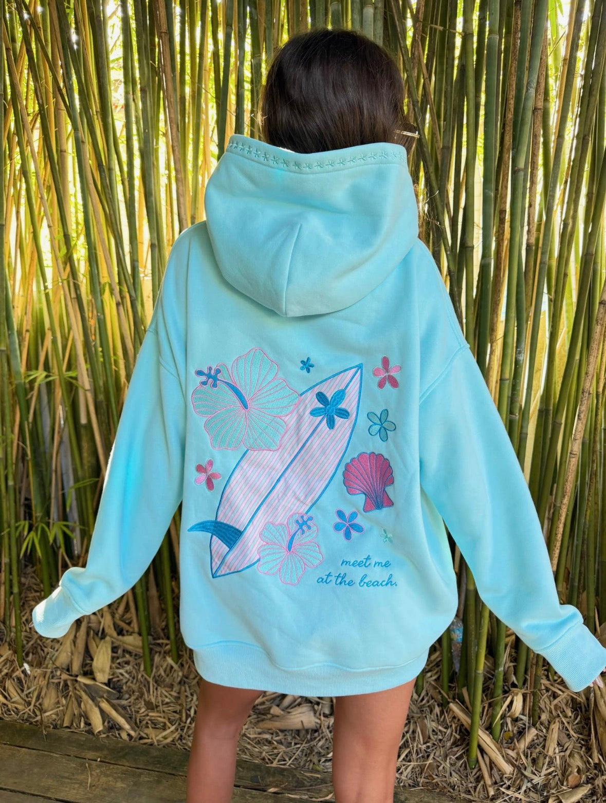 PREORDER -  Lagoon Aqua Surfboard Hibiscus Embroidered Sunkissed Coconut