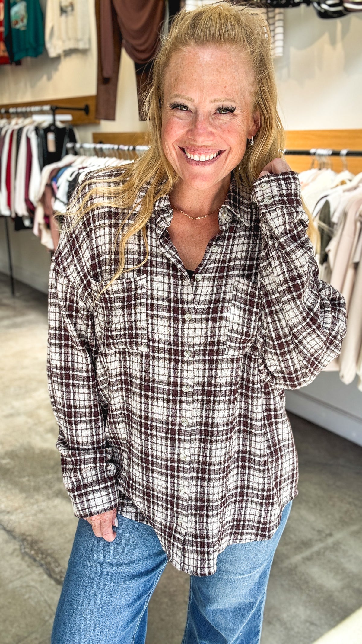 Brown Beige Plaid Oversized Button Shirt