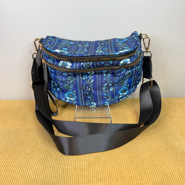 The Roni Nylon Crossbody - Blue Stripe Floral