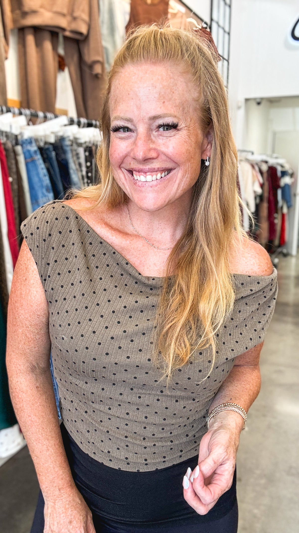 Mocha Black Polka Dot Slouchy Rib Top