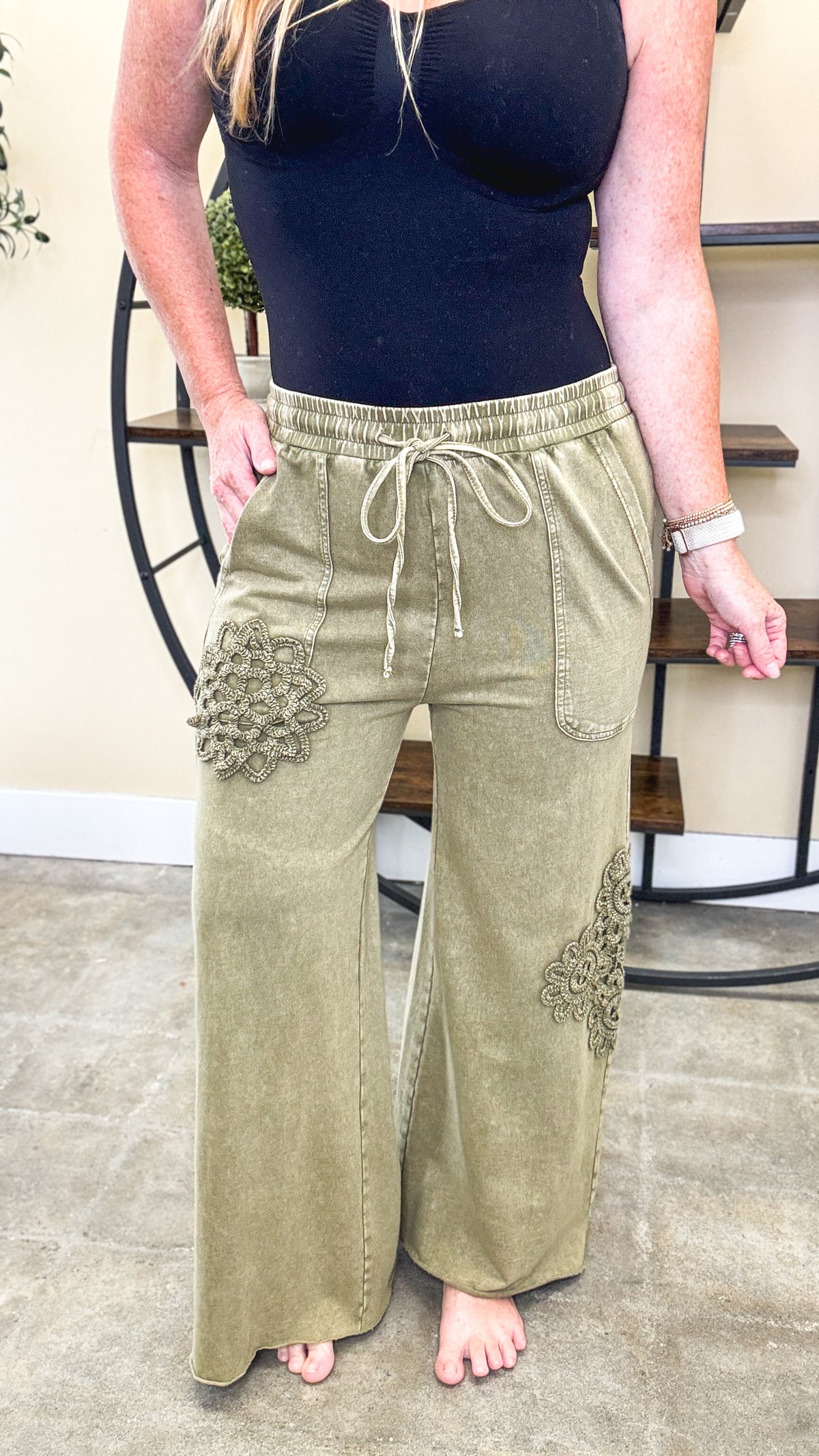 Olive Muse Crochet Patch Pants