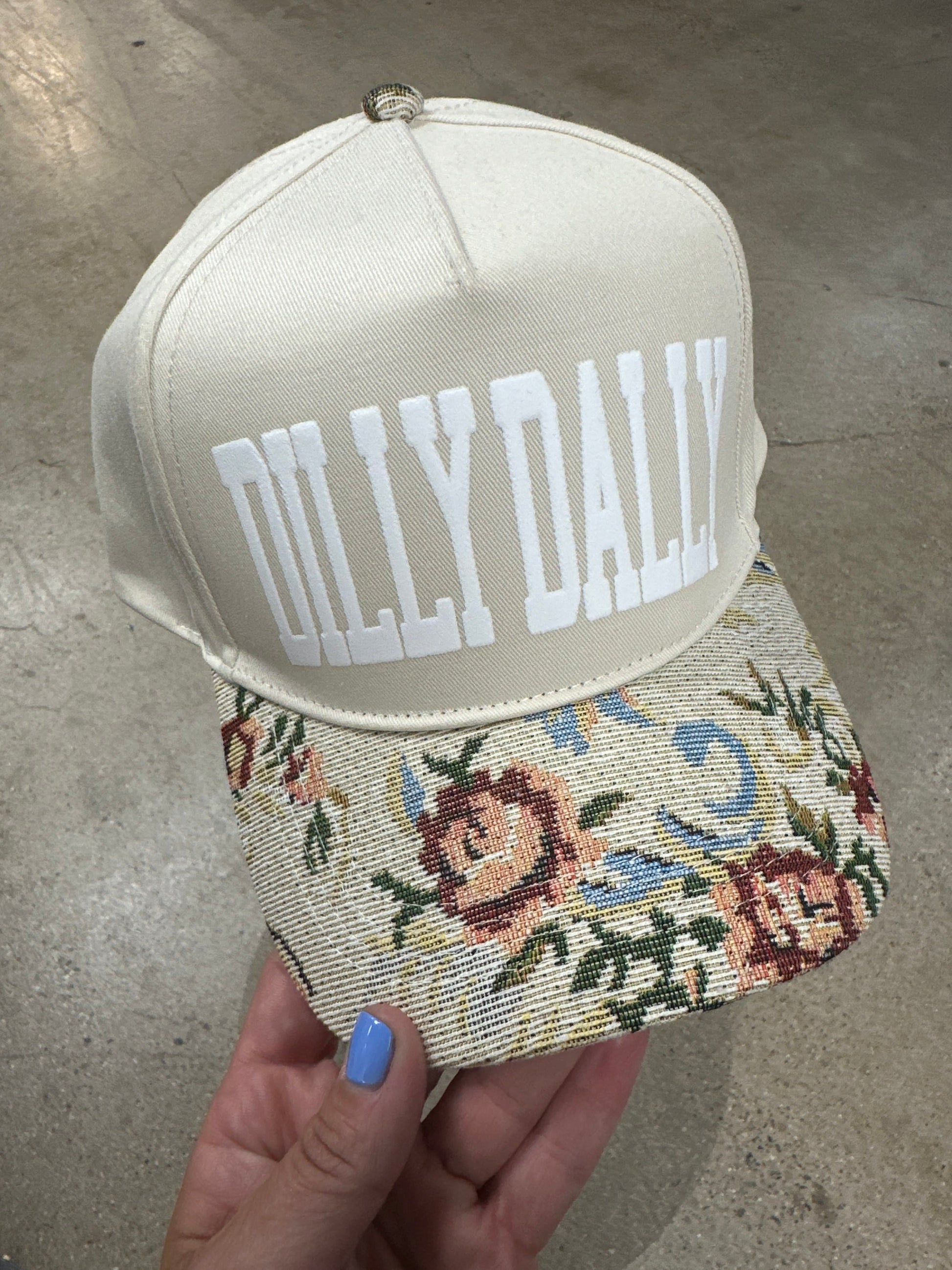Dilly Dally Tan/Light Vintage Floral Canvas Trucker Hat