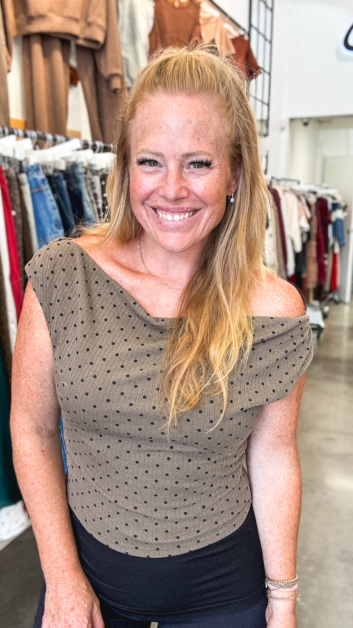 Mocha Black Polka Dot Slouchy Rib Top