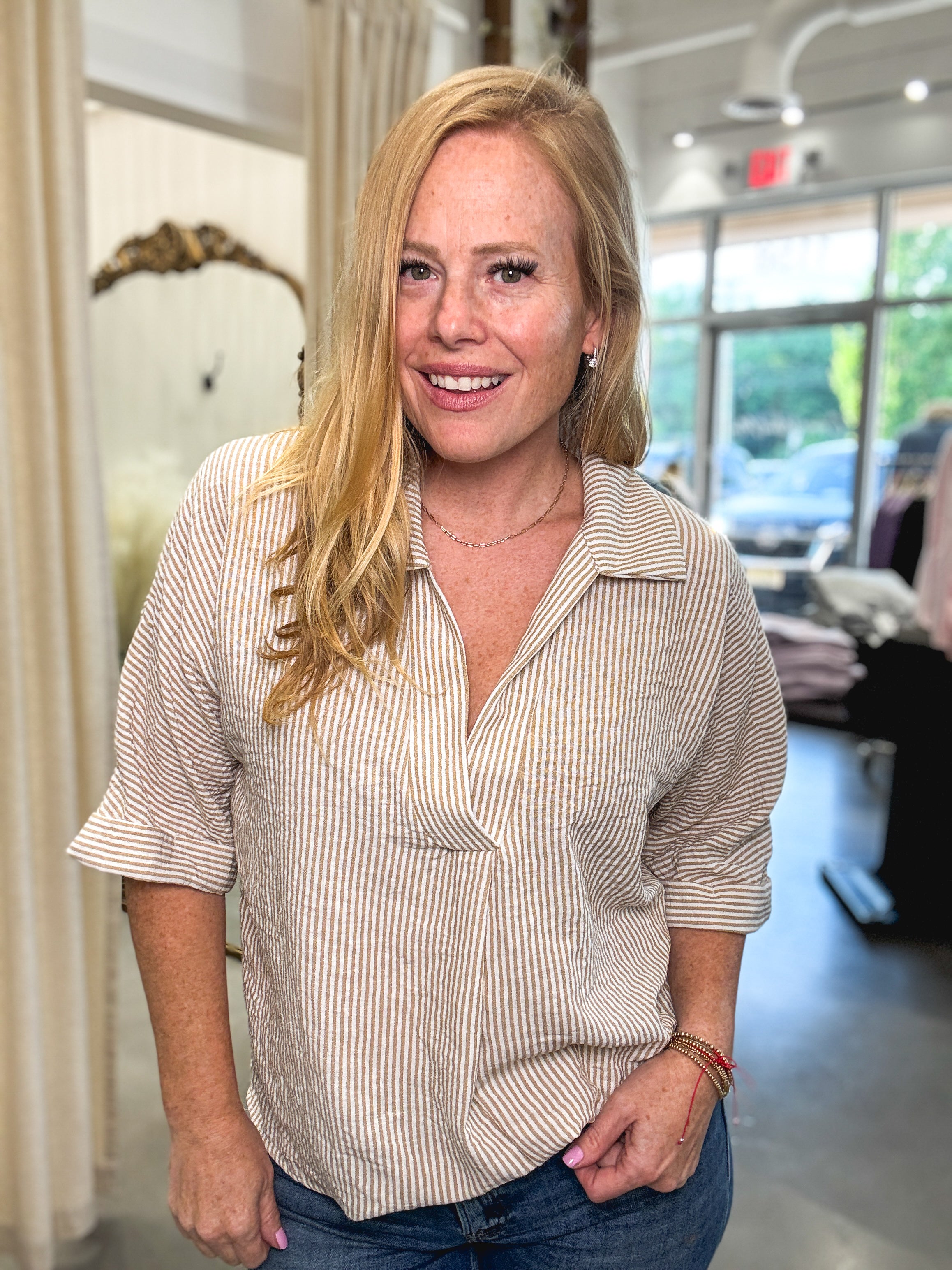 Lola Striped Notch Collar Top
