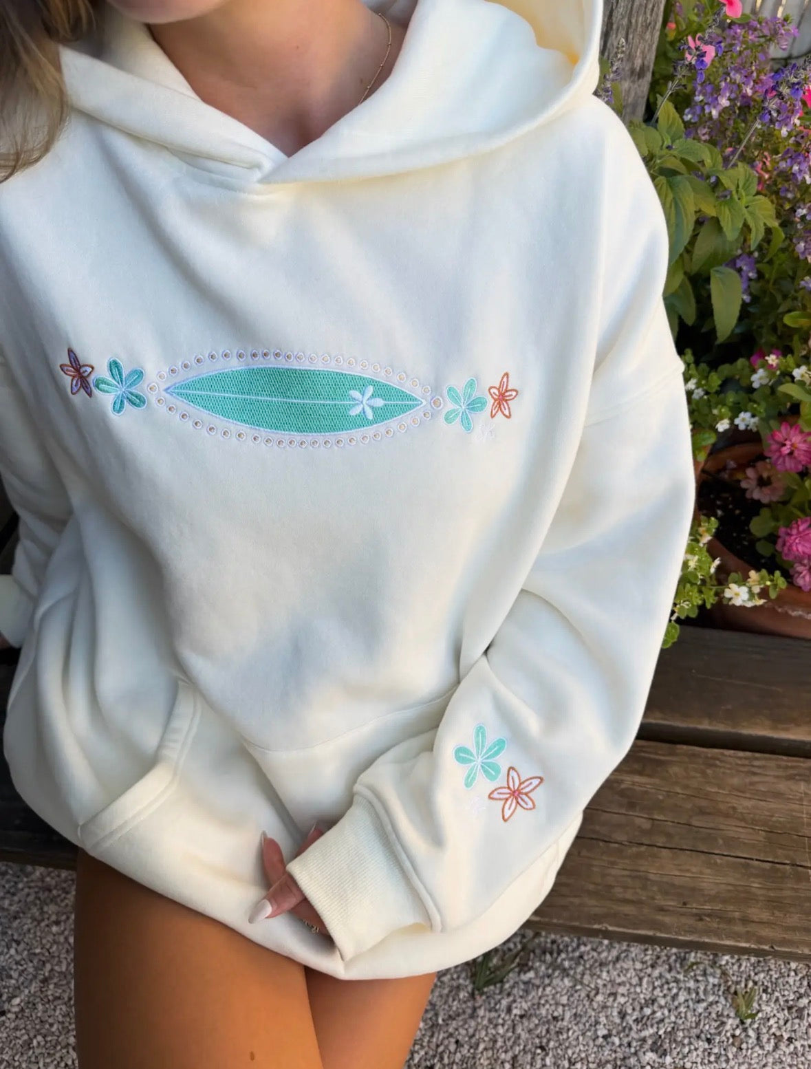 PREORDER - Detailed Surfboard Embroidered Sunkissed Coconut Hoodie