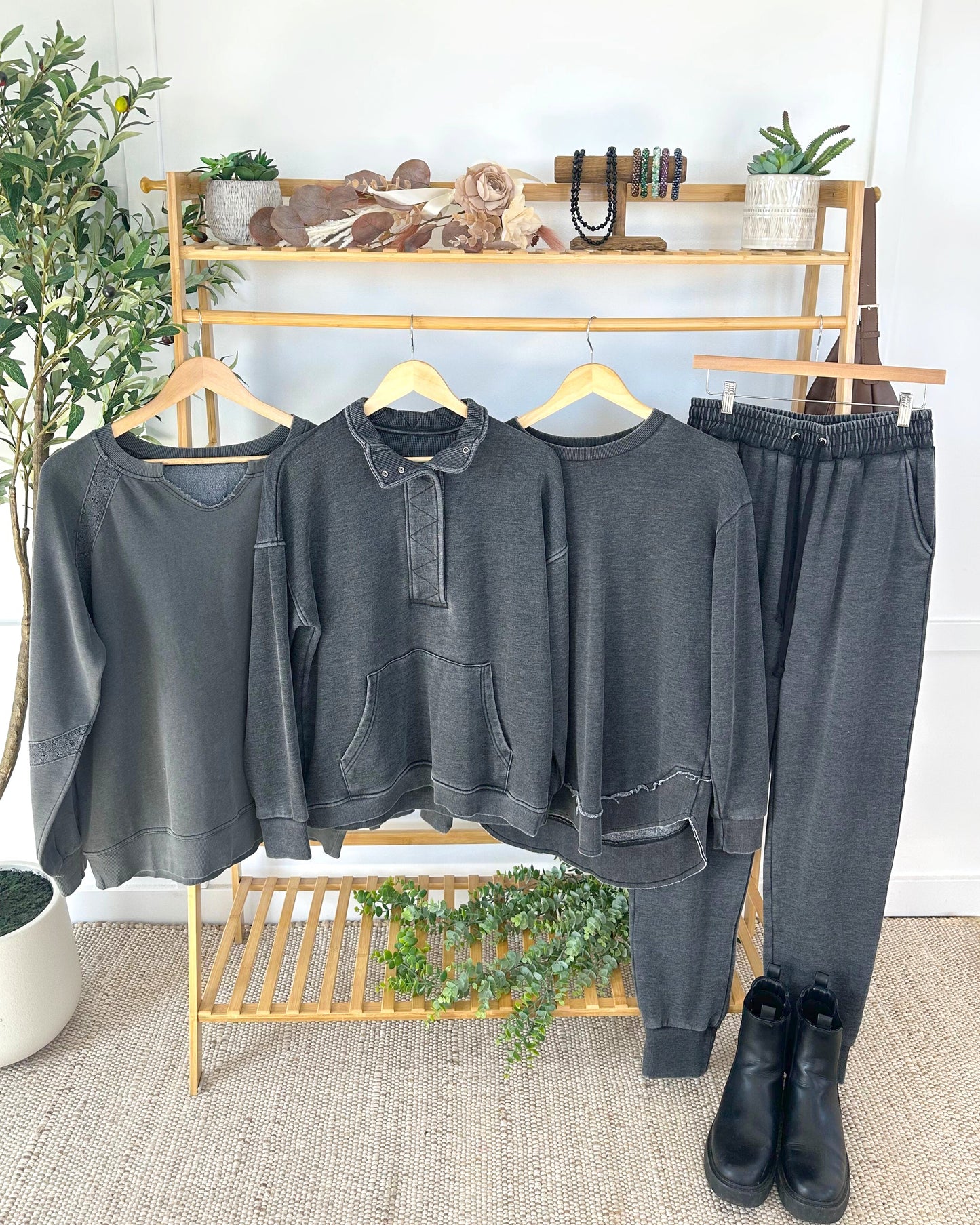 Lace Accent Vintage Wash Pullover - Black