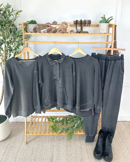 Lace Accent Vintage Wash Pullover - Black