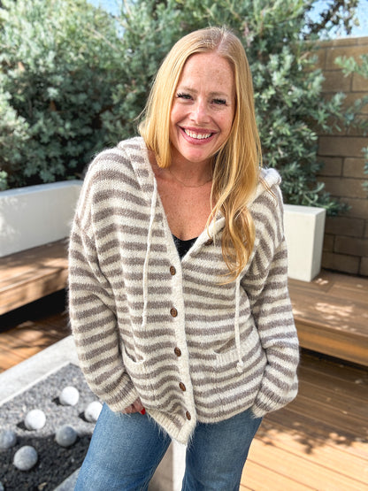 Striped Hooded Knit Cardigan